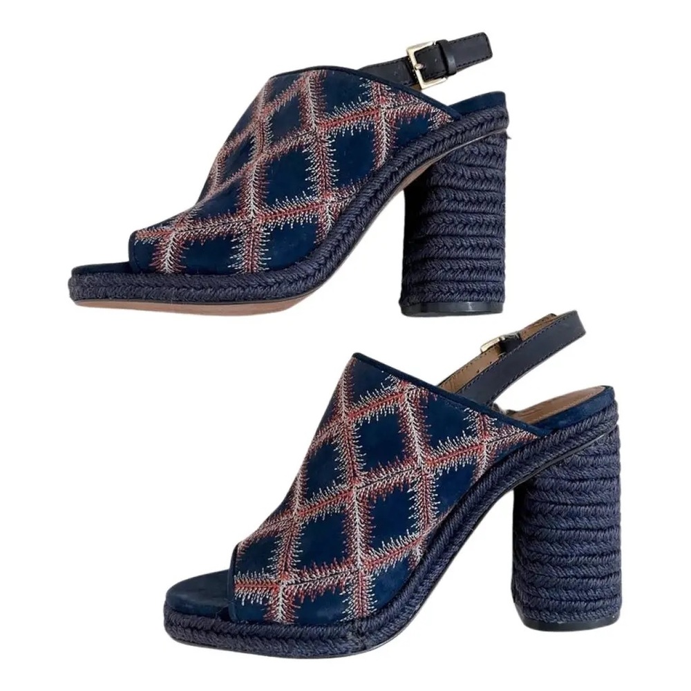 Tory Burch Trinity Navy Embroidered Espadrille Heeled Suede Ankle Strap Sandals